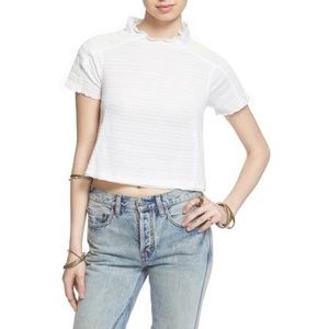 Free People Sweetie Shirred Short Sleeve Shirt Crop Top White Ribbed